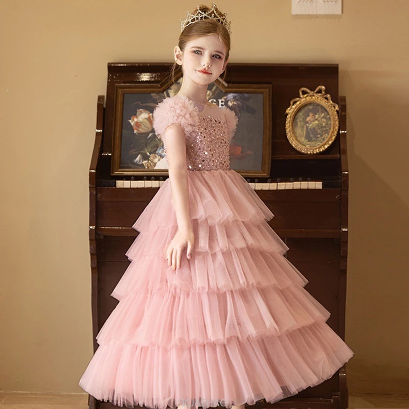 Baby Clothing For Girls - Długa Sukienka 2025 Różowa Brokatowa Sukienka